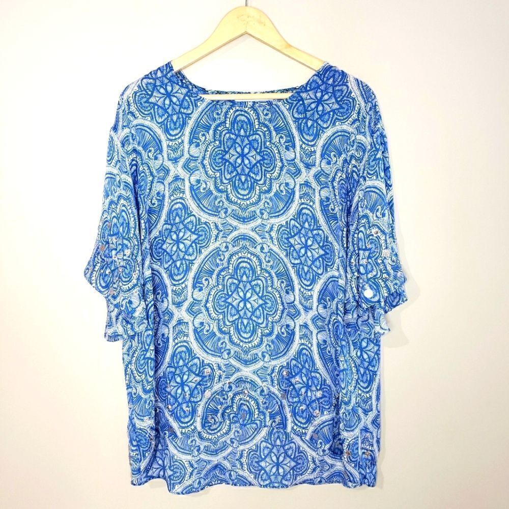 Robert Graham XLarge Blue White Print Boho Beaded Scoop Neck Top